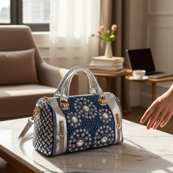 Modoker Silver And Denim Rhinestone Studs Cross Body Shoulder Satchel - Picture 1 of 10